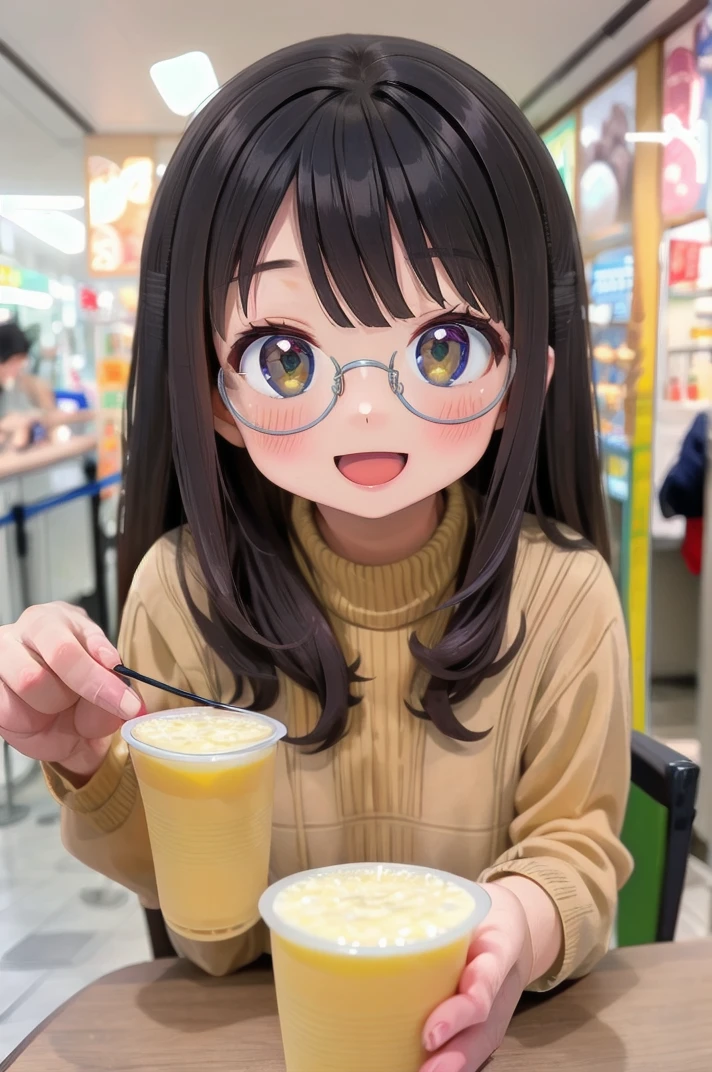 masterpiece, best quality,
1girl, solo, glasses, black hair, long hair, white ribbed sweater, happy, smile, looking at viewer, open mouth, solo focus, sitting, across table, 
mixjuice, cup, blurry, holding, blurry background, depth of field, holding can, english text, drink, pov, disposable cup, still life, food focus
 <lora:mixjuice_SD15_V1:1>