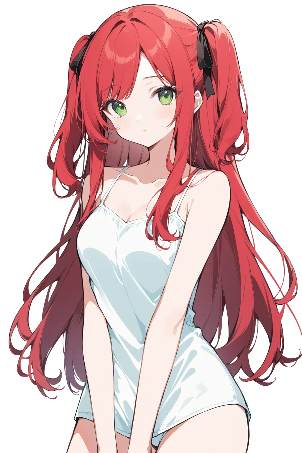 1girl, newest, late, camisole, medium breasts, breasts, red hair, double-parted bangs, two side up, long hair, green eyes, Brown ribbon, absurdres,  (lineart:0.2), thick outlines, (official art:0.5), best quality,