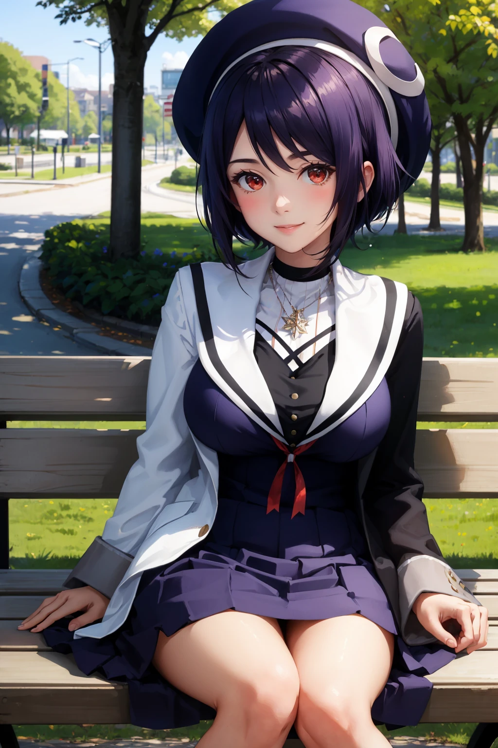masterpiece, best quality, <lora:otodamatamako-nvwls-v1-000010:0.9> otodama tamako, black beret, necklace, sailor collar, white and black coat, purple dress, large breasts, smile, sitting, bench, park, blue sky, looking at viewer
