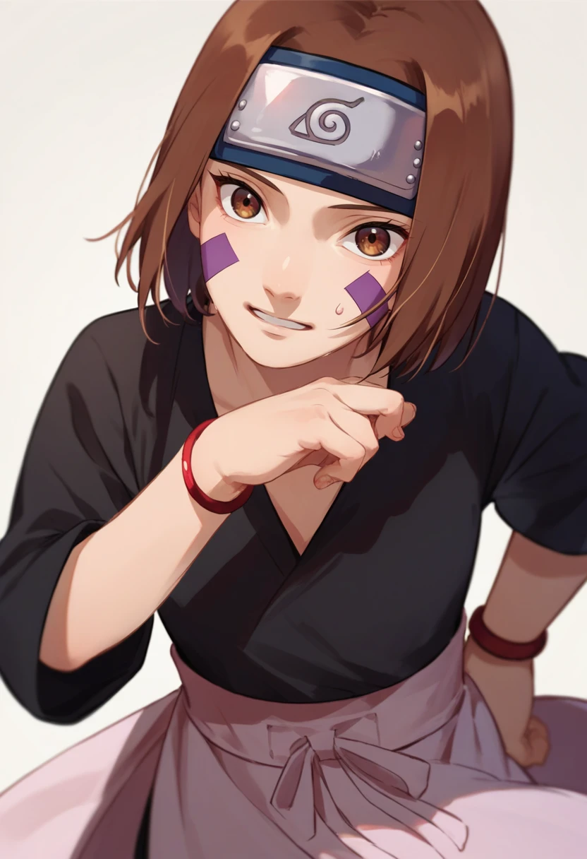 score_9, score_8_up, score_7_up, source_anime, 1girl, nohara rin, short hair, brown hair, brown eyes, purple facial mark, black shirt, long sleeves, white apron, black shorts, forehead protector, red thighhighs,  bracelet,  <lora:Nohara Rin 1 rep-000010:1>