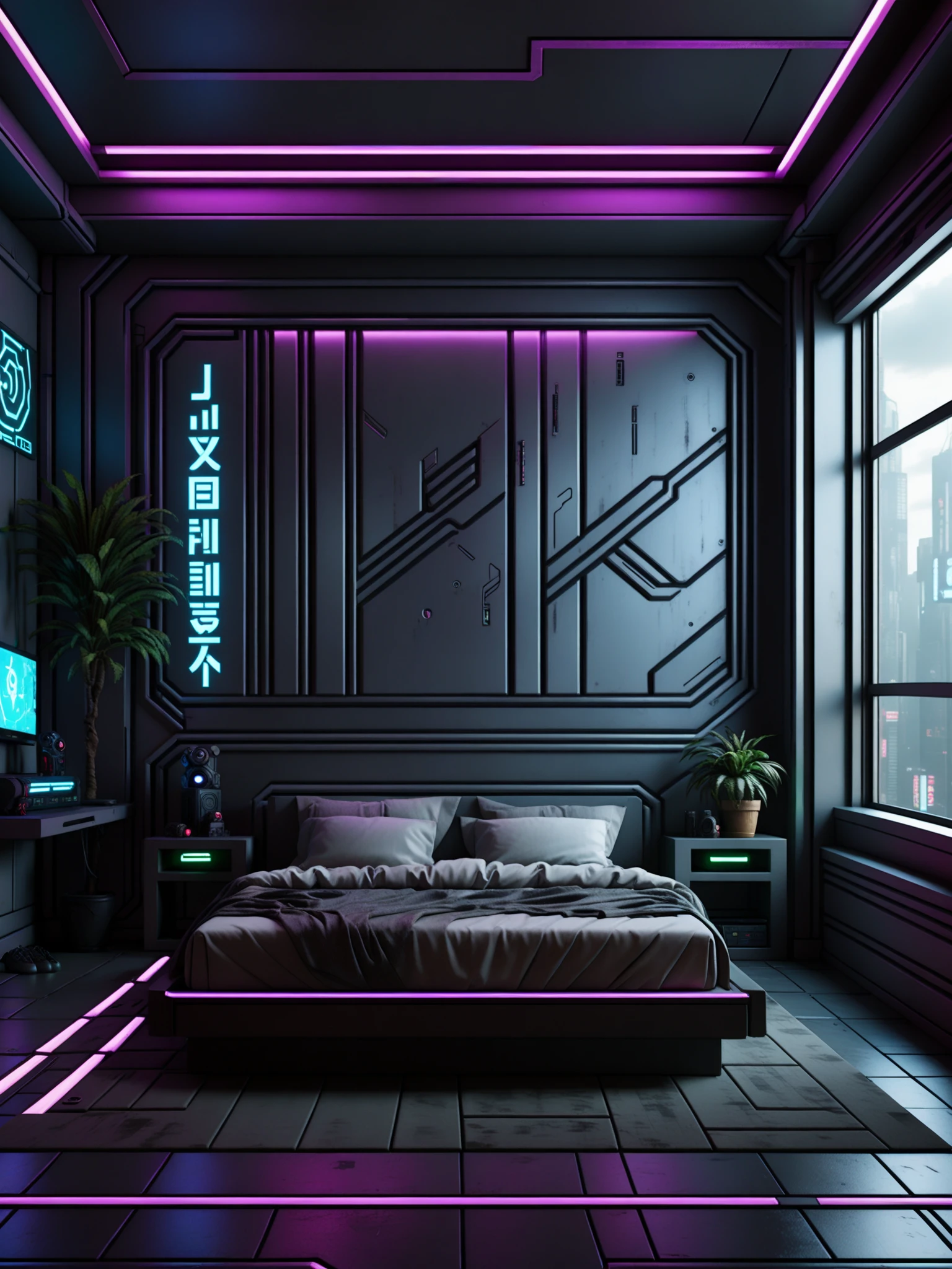 <lora:indoorsXL_V1.0-000010:0.8>,bck,interior design,cyberpunk theme,(photorealistic:1.2),bed room,