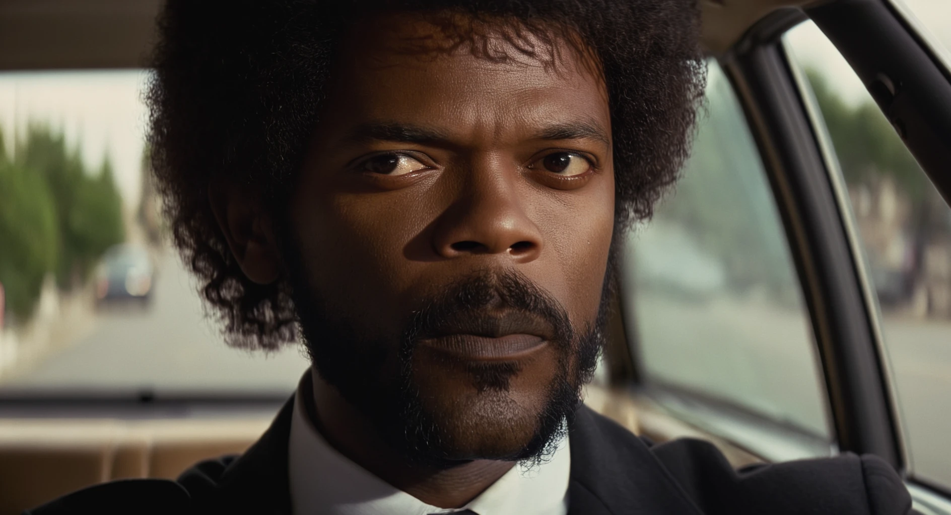 cinematic film still of  <lora:Pulp Fiction style:1>
side view, Jules Winnfield a man with an afro hair and a beard and a suit sitting in a car,closeup,dreadful look,serious look on face,solo,looking at viewer,short hair,shirt,black hair,1boy,brown eyes,closed mouth,male focus,collared shirt,dark skin,blurry,black jacket,depth of field,blurry background,facial hair,dark-skinned male,portrait,beard,realistic , 1990's, 90's, film, cinematic, crime and violence, classic, graphic violence, Kodak film, motion picture image,Pulp Fiction style, Pulp Fiction Film style, shallow depth of field, vignette, highly detailed, high budget, bokeh, cinemascope, moody, epic, gorgeous, film grain, grainy