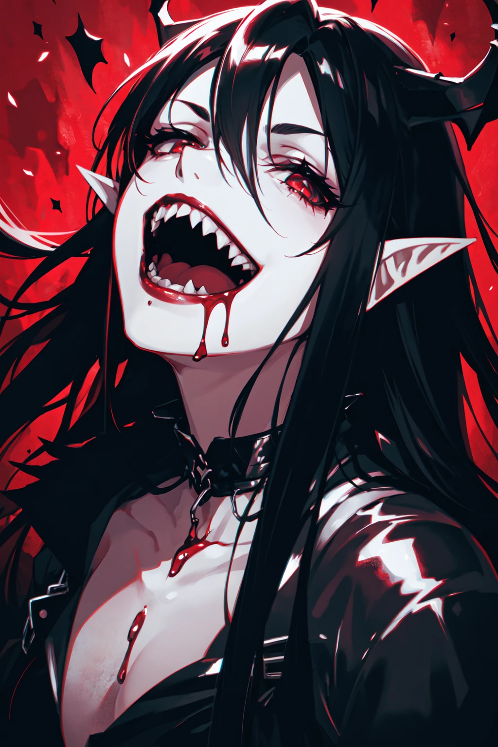 best quality,masterpiece,realistic,long hair,teeth,solo,blood,pointy ears,black hair,red background,open mouth,vampire,1boy,sharp teeth,blood on face,male focus,looking at viewer,