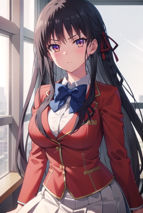 suzunehorikita, <lora:suzune horikita s2s3-lora-nochekaiser:1>,
suzune horikita, long hair, black hair, (red eyes:1.3), hair ribbon, braid,
BREAK bow, school uniform, jacket, bowtie, blue bowtie, blazer, (red blazer:1.5), skirt, white skirt,
BREAK indoors, classroom,
BREAK looking at viewer, (cowboy shot:1.5),
BREAK <lyco:GoodHands-beta2:1>, (masterpiece:1.2), best quality, high resolution, unity 8k wallpaper, (illustration:0.8), (beautiful detailed eyes:1.6), extremely detailed face, perfect lighting, extremely detailed CG, (perfect hands, perfect anatomy),