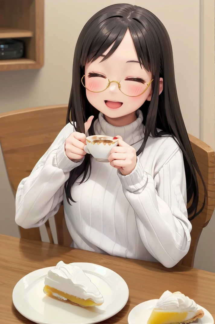 masterpiece, best quality,
1girl, solo, glasses, black hair, long hair, white ribbed sweater, happy, smile, looking at viewer, closed eyes, open mouth, solo focus, sitting, across table, holding teacup, 
lemonpie, food focus, food, still life, realistic, plate, cake, pastry, dessert
 <lora:Lemonpie_SD15_V1:1>