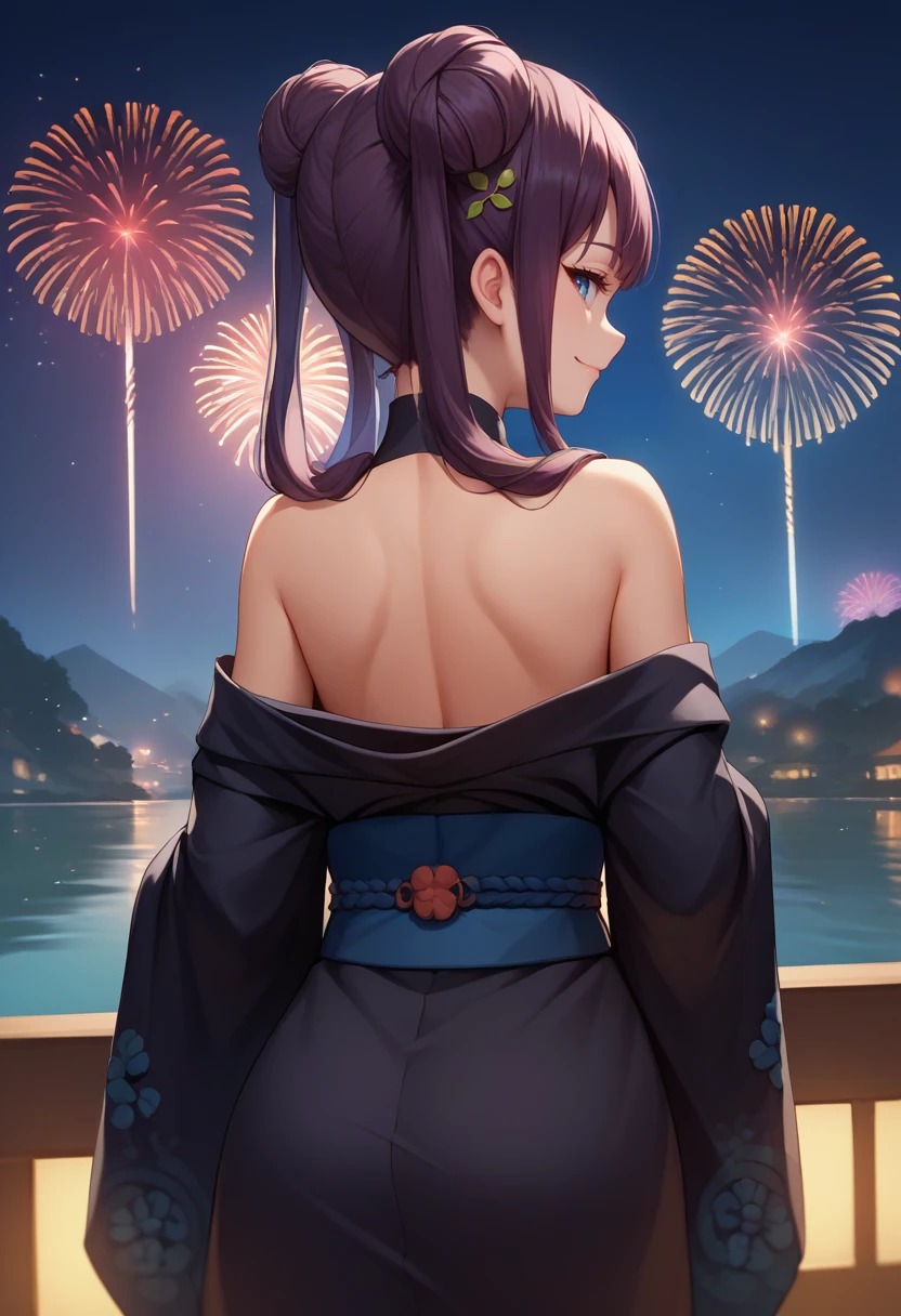 masterpiece, Highest quality, Madoka Ayukawa,Blue-purple shiny hair, One girl,Beautiful Eyes,yukata,sexy,Her butt is exposed,Fireworks display