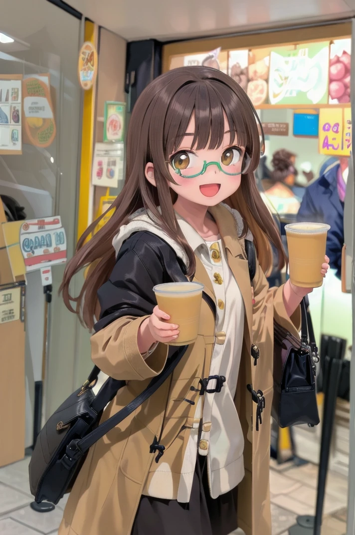 masterpiece, best quality,
1girl, solo, glasses, black hair, long hair, duffle coat, black bag, smile, looking at viewer, solo focus, happy, smile, open mouth, holding, disposable cup, 
mixjuice, storefront, multiple boys, bag, long hair, brown hair, jacket, multiple girls, scenery, food, shop
<lora:mixjuice_SD15_V1:1>