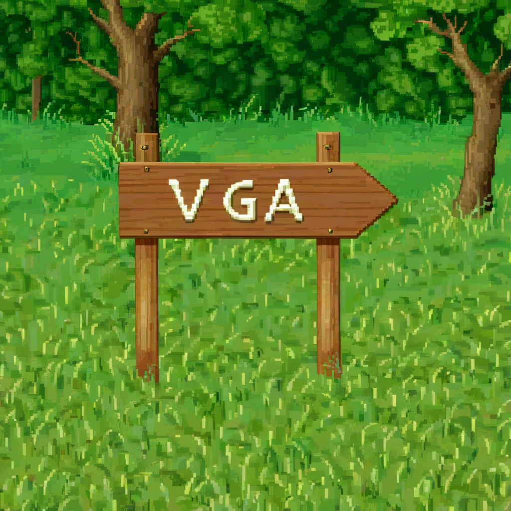 dosvga style, a wooden sign in a filed with text "VGA" in it <lora:dosvgaSDXLv4.1-000015:1>