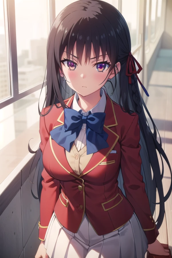 suzunehorikita, <lora:suzune horikita s2s3-lora-nochekaiser:1>,
suzune horikita, long hair, black hair, (red eyes:1.3), hair ribbon, braid,
BREAK bow, school uniform, jacket, bowtie, blue bowtie, blazer, (red blazer:1.5), skirt, white skirt,
BREAK indoors, classroom,
BREAK looking at viewer, (cowboy shot:1.5),
BREAK <lyco:GoodHands-beta2:1>, (masterpiece:1.2), best quality, high resolution, unity 8k wallpaper, (illustration:0.8), (beautiful detailed eyes:1.6), extremely detailed face, perfect lighting, extremely detailed CG, (perfect hands, perfect anatomy),