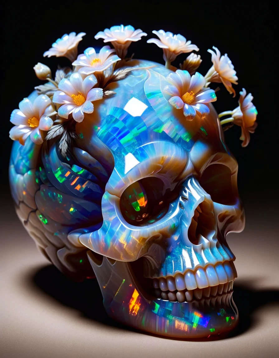  A beautifully detailed ceramic skull，Smooth gloss glaze，Natural pattern, Blue Sea,Delicate leaves, Colorful petals , Warm Lights，Ethereal atmosphere，Ray Tracing, 