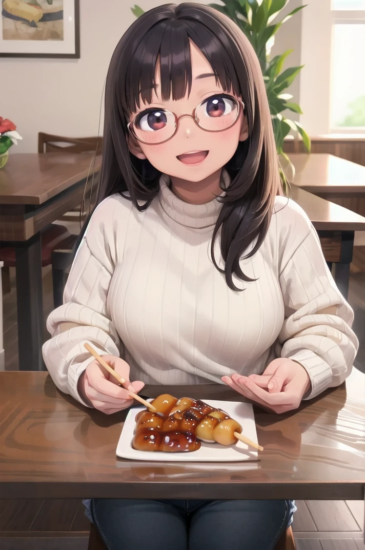 masterpiece, best quality,
1girl, solo, glasses, black hair, long hair, white ribbed sweater, happy, smile, looking at viewer, open mouth, solo focus, sitting, across table, 
mitarashidango, wagashi, realistic, food, food focus, still life, blurry, holding
 <lora:mitarashidango_SD15_V1:1>