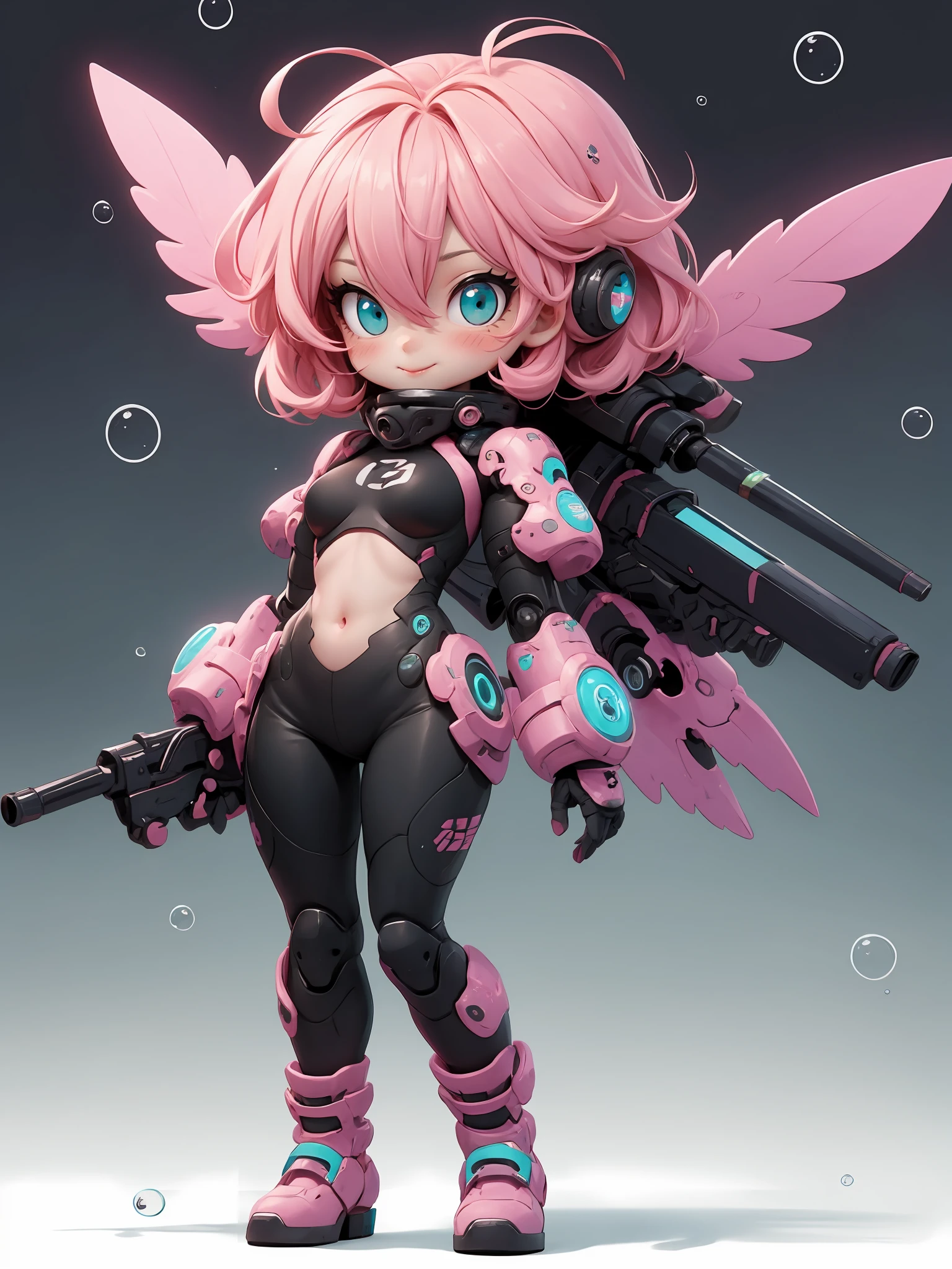 hezi, 3d, Bubble Mart, rich color, q version, 1girl, solo, smile, ahoge, blue eyes, looking at viewer, helmet, blush stickers, bodysuit, goggles, short hair, full body, blue hair, aqua hair, chibi, mecha musume, power armor, standing, aqua eyes, pink hair, breasts, multicolored hair, goggles on head, hair between eyes, gradient, glowing, oversized limbs, covered navel, closed mouth, gradient background, gauntlets, gradient hair, black background, roller skates, armor, science fiction, shadow, simple background <lora:Bubble Mart-000004:0.6>