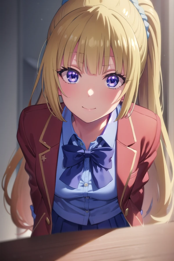 keikaruizawa, <lora:kei karuizawa s2s3-lora-nochekaiser:1>,
kei karuizawa, long hair, bangs, blunt bangs, (purple eyes:1.1), blonde hair, shirt, hair ornament, ponytail, scrunchie, blue scrunchie, smile,
BREAK skirt, shirt, bow, school uniform, jacket, (red jacket:1.2), pleated skirt, bowtie, sweater, (blue bow:1.2), (blue shirt:1.2),
BREAK indoors, classroom,
BREAK looking at viewer, (cowboy shot:1.5),
BREAK <lyco:GoodHands-beta2:1>, (masterpiece:1.2), best quality, high resolution, unity 8k wallpaper, (illustration:0.8), (beautiful detailed eyes:1.6), extremely detailed face, perfect lighting, extremely detailed CG, (perfect hands, perfect anatomy),