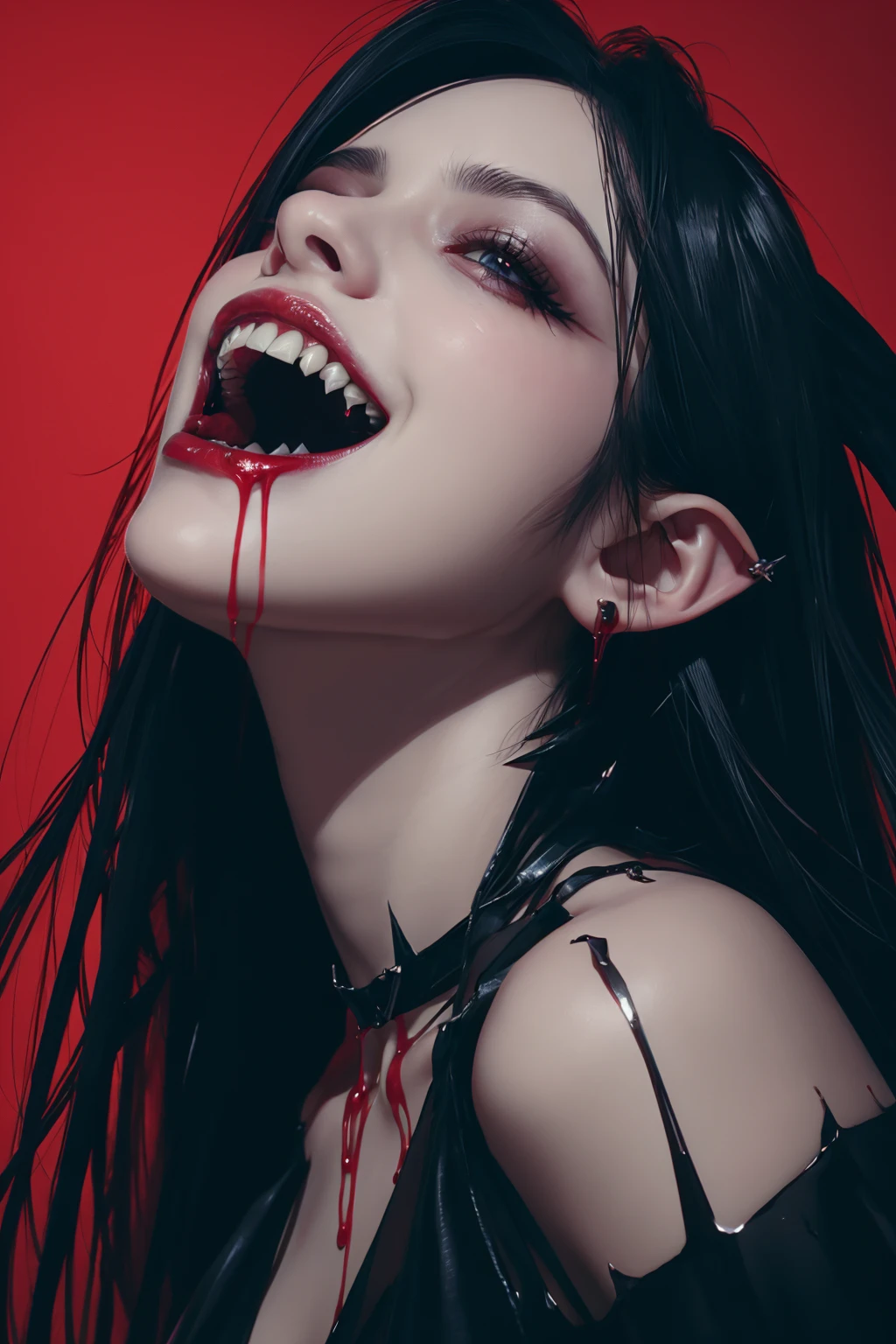 best quality,masterpiece,realistic,long hair,teeth,solo,blood,pointy ears,black hair,red background,open mouth,vampire,1boy,sharp teeth,blood on face,male focus,looking at viewer,