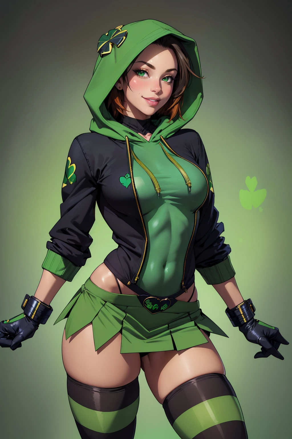 ((masterpiece,best quality,edgQuality)),(smile),1girl,solo,standing,posing,
edgShamrock,green hoodie, skirt, thighhighs, gloves, striped thighhighs, wearing edgShamrock_hoodie,bar background
 <lora:edgShamrockHoodie:0.75>