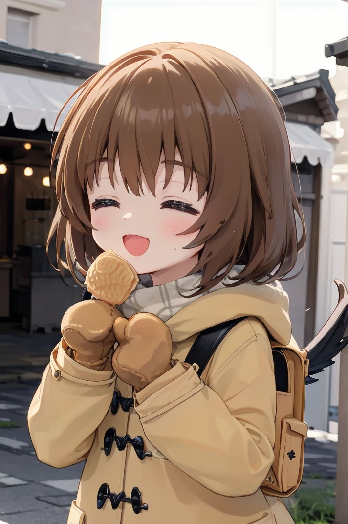 masterpiece, best quality, ultra highres,
taiyaki, 1girl, solo, wagashi, mittens, food, closed eyes, brown hair, wings, short hair, bag, backpack, smile, open mouth, duffel coat,
<lora:taiyaki_SD15_V1:1>