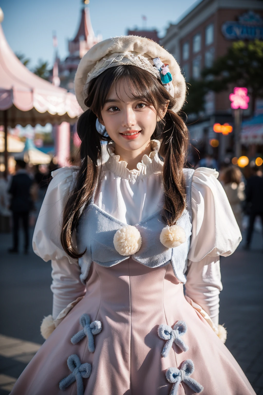 best quality, masterpiece, realistic, photorealistic, 1girl, solo, looking at viewer, smile, low twintails, bangs, standing, arms arms behind back, cowboy shot, cyb dress, pink dress, dress, pom pom, bow, long sleeves, puffy sleeves, hat, amusement park, people, detailed background, <lora:cute_attire_style2_v1:0.75>