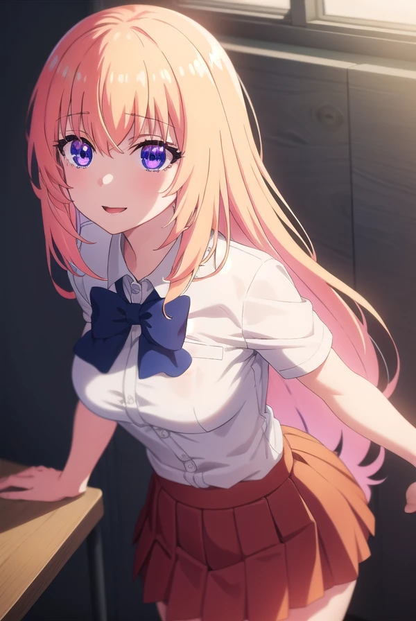 honamiichinose, <lora:honami ichinose s2s3-lora-nochekaiser:1>,
honami ichinose, long hair, blonde hair, (purple eyes:1.1), hair between eyes, smile,
BREAK skirt, bow, school uniform, pleated skirt, bowtie, blue bow, (red skirt:1.2), collared shirt, white shirt, short sleeves,
BREAK indoors, classroom,
BREAK looking at viewer, (cowboy shot:1.5),
BREAK <lyco:GoodHands-beta2:1>, (masterpiece:1.2), best quality, high resolution, unity 8k wallpaper, (illustration:0.8), (beautiful detailed eyes:1.6), extremely detailed face, perfect lighting, extremely detailed CG, (perfect hands, perfect anatomy),
