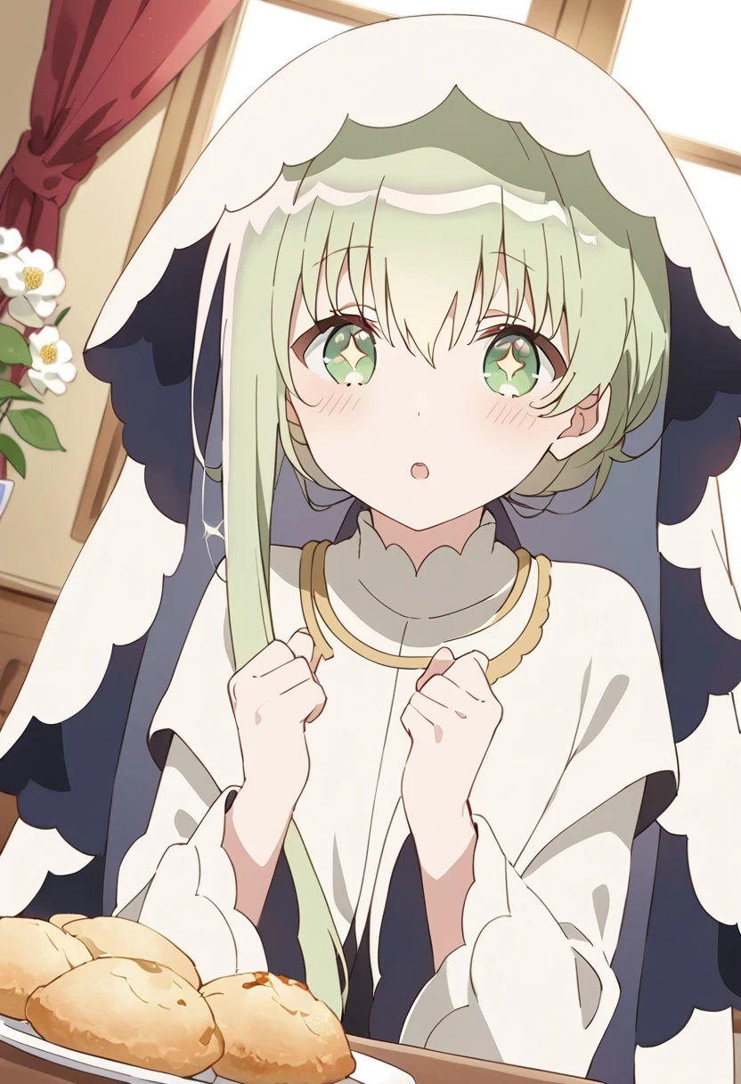 1girl, cecilia \(shiro seijo to kuro bokushi\), anime screencap, green hair, green eyes, solo, blush, food, sparkle, eyebrows visible through hair, long sleeves, wide sleeves, teacup, + +, :o, hands up, looking at viewer, hair between eyes, indoors, teapot, window, depth of field, red flower, blurry background, upper body, veil, sparkling eyes, open mouth,  parted lips, sunlight, very long hair, red rose, vase, clenched hands, symbol-shaped pupils, white dress, short hair with long locks, dutch angle, asymmetrical hair, saucer, curtains, scone, white flower, plant, day, tea, robe, plate, star \(symbol\), potted plant, masterpiece, best quality <lora:cecilia_shiro_seijo_sdxl_locon_ani_v1:0.7>