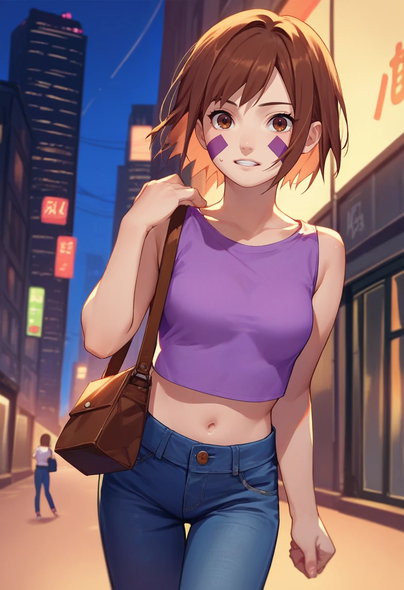 score_9, score_8_up, score_7_up, source_anime, 1girl, nohara rin, short hair, brown hair, brown eyes, purple facial mark, crop top, jeans, city, shoulder bag, dusk,   <lora:Nohara Rin 1 rep-000010:1>