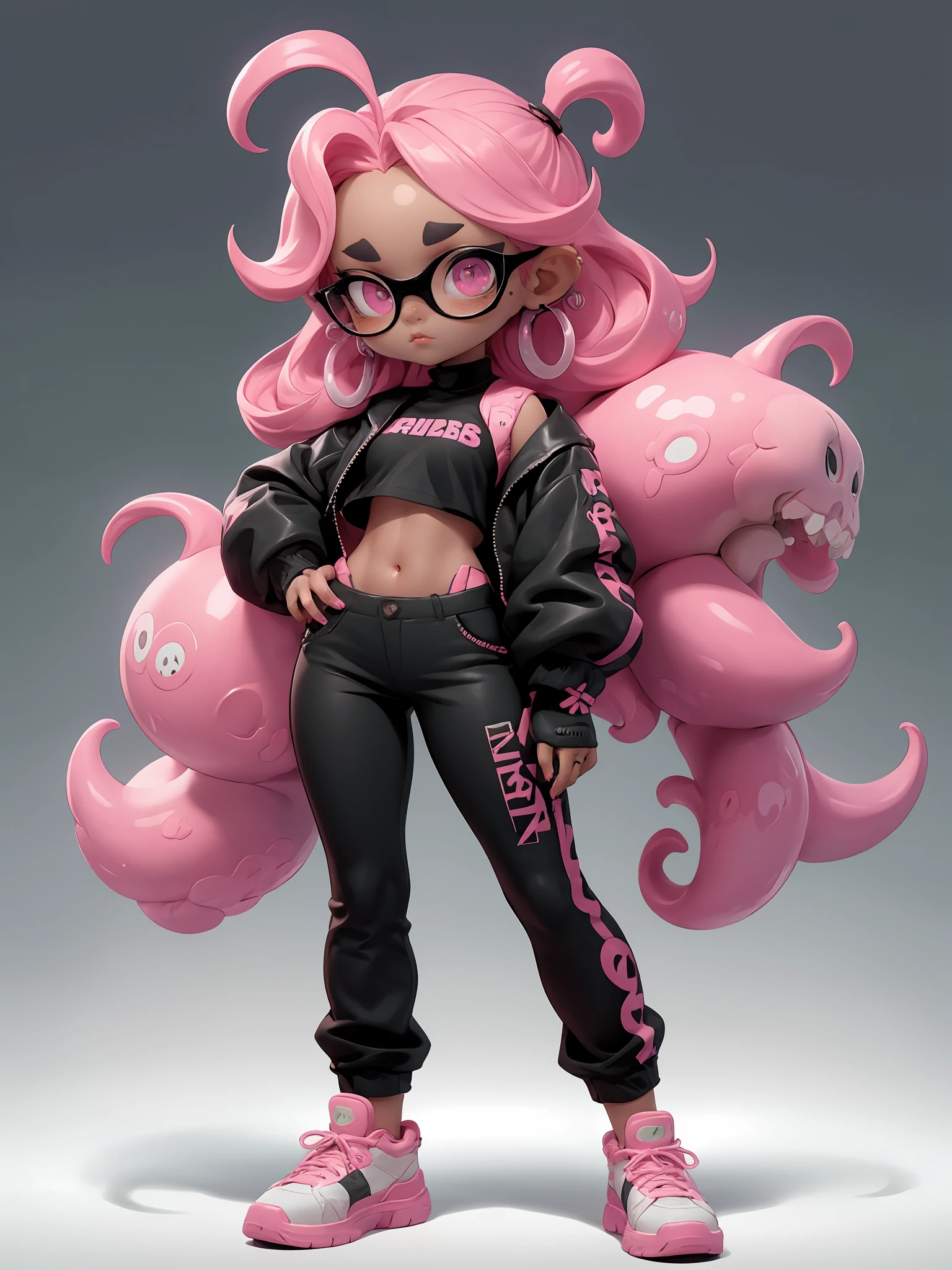 hezi, 3d, Bubble Mart, rich color, q version, 1girl, dark skin, dark-skinned female, pink hair, black hair, solo, pink eyes, jewelry, gloves, fingerless gloves, shoes, tentacle hair, navel, earrings, pants, sneakers, multicolored hair, black gloves, midriff, black pants, nail polish, full body, glasses, standing, jacket, looking at viewer, long hair, crop top, mole, long sleeves, very dark skin, piercing, gradient, two-tone hair, pink nails, black jacket, black nails, gradient background, octoling, cephalopod eyes, white footwear, makeup, pink footwear, short eyebrows, alternate costume, closed mouth, stomach, grey hair, skull print, big hair, breasts, thick eyebrows, hoop earrings, black shirt, shirt, marina \(splatoon\), mole under mouth, eyeshadow, freckles, octarian, small breasts, green background, semi-rimless eyewear, bandana, mole under eye, holding, very long hair, simple background<lora:Bubble Mart-000004:0.6>