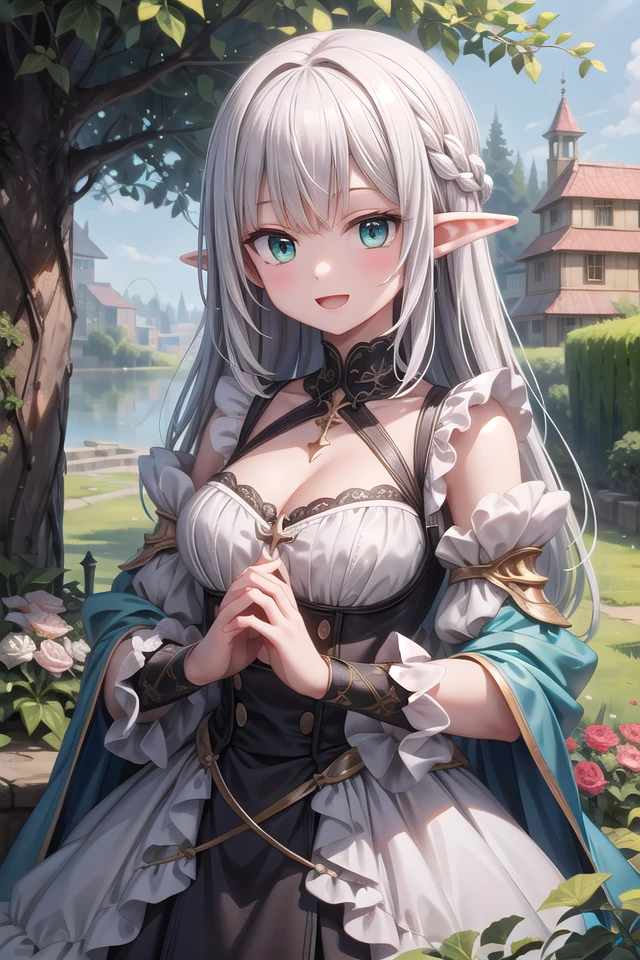 insanely detailed, absurdres, ultra-highres, ultra-detailed, best quality,
1girl, solo, nice hands, perfect hands
BREAK
elf girl, (wearing dress with many frills:1.2), (nsfw:-1.5), (navel:-1)
BREAK
happy smile, laugh, open mouth
BREAK
standing, cowboy shot, looking at viewer
BREAK
slender, kawaii, perfect symmetrical face, ultra cute girl, ultra cute face, ultra detailed eyes, ultra detailed hair, ultra cute, ultra beautiful
BREAK
fantasy world, garden of castle, depth of field, ultra detailed background
BREAK
large breasts, cleavage,
BREAK
silver hair, long hair, elf ear, green eyes