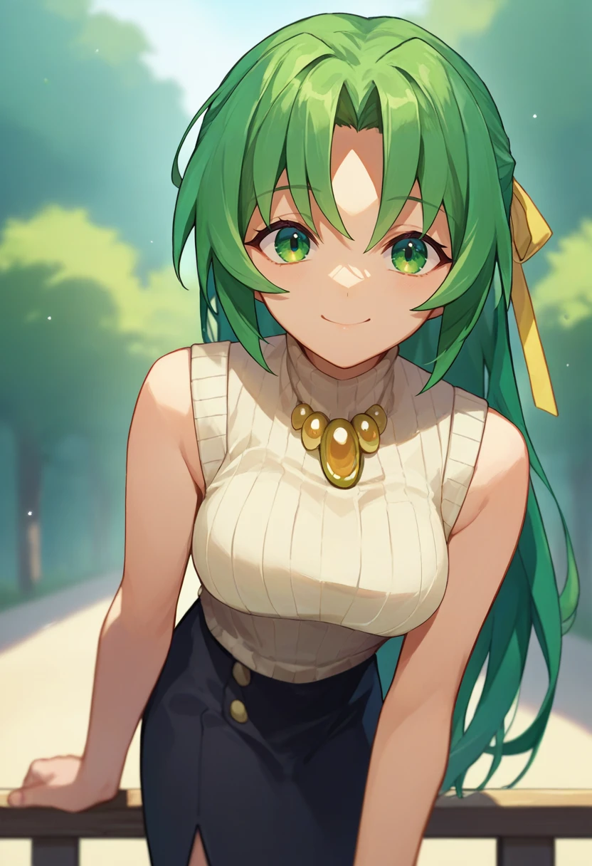 score_9, score_8_up, score_7_up, source_anime, <lora:ShionCame-000006:1> sonozaki shion, green hair, long hair, green eyes, yellow ribbon, turtleneck sweater, black skirt, yellow necklace, outdoors, bent over, looking at viewer, light smile,