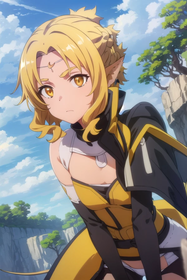 aliciarue, <lora:alicia rue s1-lora-nochekaiser:1>,
alicia rue, short hair, blonde hair, animal ears, braid, pointy ears, (yellow eyes:1.3), (parted bangs:1.5), forehead jewel,
BREAK thighhighs, underwear, panties, tail, detached sleeves, white panties, white thighhighs, cat tail, strapless,
BREAK outdoors, forest, nature, sun, sky, clouds, grass, trees, river, rocks,
BREAK looking at viewer, (cowboy shot:1.5),
BREAK <lyco:GoodHands-beta2:1>, (masterpiece:1.2), best quality, high resolution, unity 8k wallpaper, (illustration:0.8), (beautiful detailed eyes:1.6), extremely detailed face, perfect lighting, extremely detailed CG, (perfect hands, perfect anatomy),