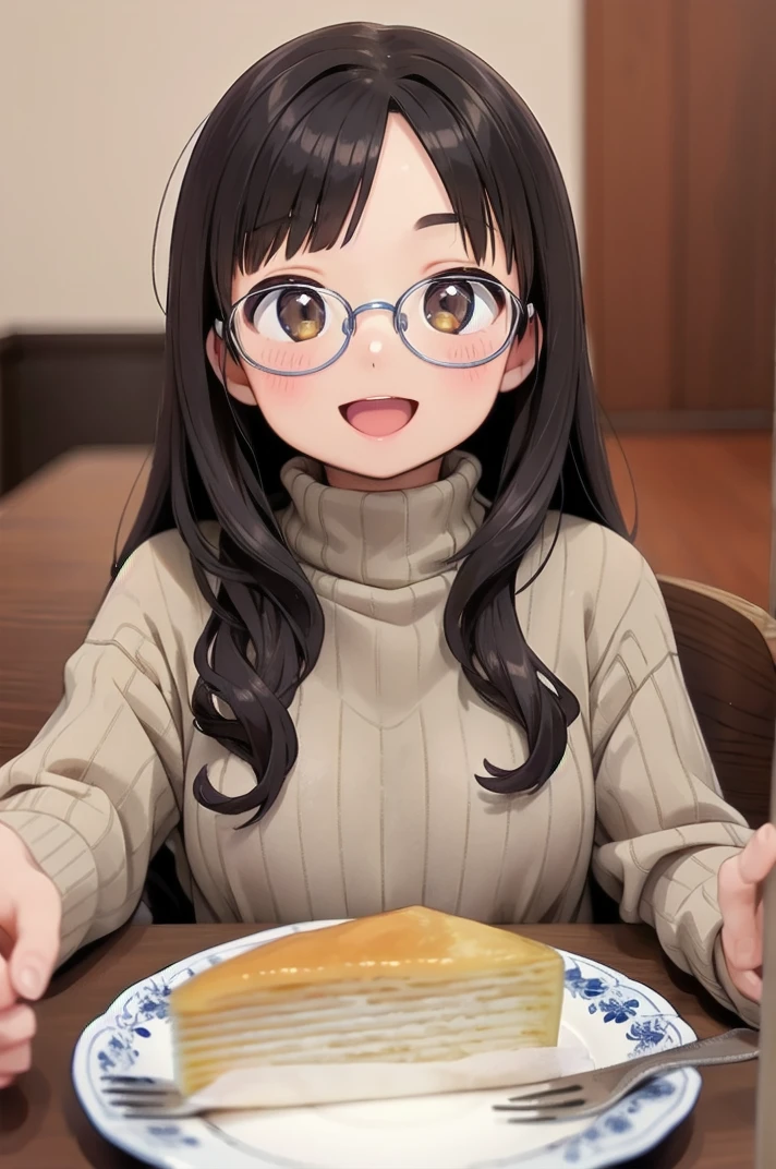 masterpiece, best quality,
1girl, solo, glasses, black hair, long hair, white ribbed sweater, happy, smile, looking at viewer, open mouth, solo focus, sitting, across table, 
millecrape, plate, food, food focus, blurry, cake, still life, blurry background, table, cake slice, indoors, depth of field, realistic
 <lora:millecrape_SD15_V1:1>