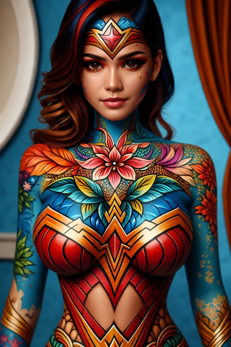 (((Ultra-HD-quality-details))) 1girl, colorful-ww-body-painting, huge breasts, cleavage , long hair, looking at viewer <lora:ww-body-painting:0.8>