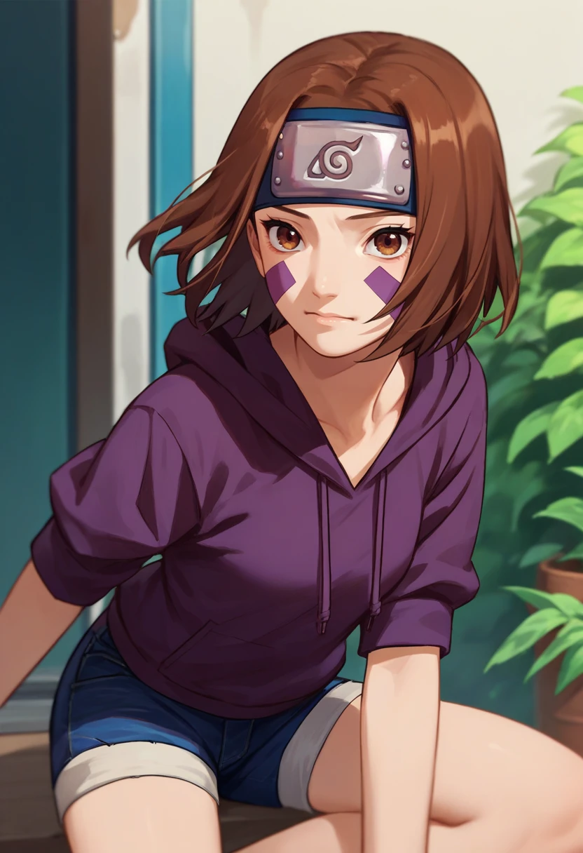 score_9, score_8_up, score_7_up, source_anime, 1girl, nohara rin, short hair, brown hair, brown eyes, purple facial mark, forehead protector, hoodie, denim shorts,  <lora:Nohara Rin 1 rep-000010:1>