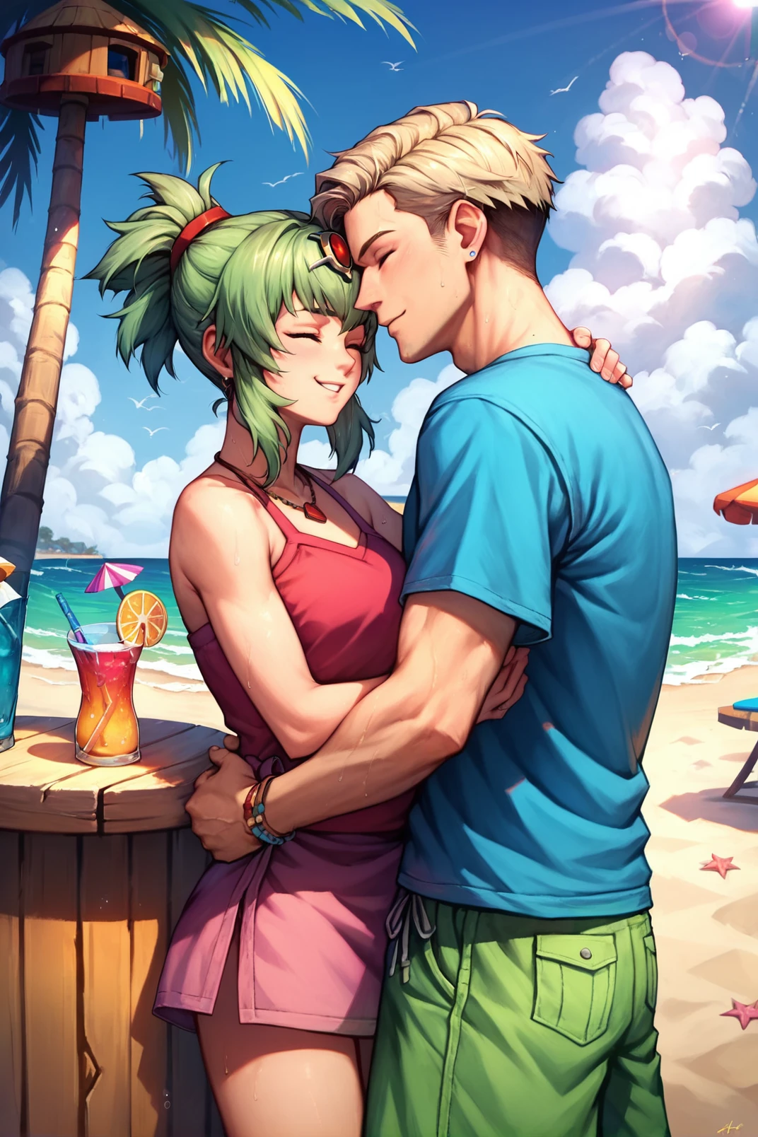(zPDXL), 1girl, 1boy, sitting on a tropical beach, smiling, wearing shirt and shorts, morning sunlight, tiki hut, palm trees, cloudy sky