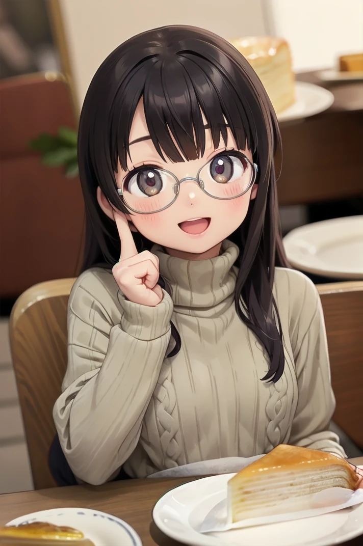 masterpiece, best quality,
1girl, solo, glasses, black hair, long hair, white ribbed sweater, happy, smile, looking at viewer, open mouth, solo focus, sitting, across table, 
millecrape, plate, food, food focus, blurry, cake, still life, blurry background, table, cake slice, indoors, depth of field, realistic
 <lora:millecrape_SD15_V1:1>