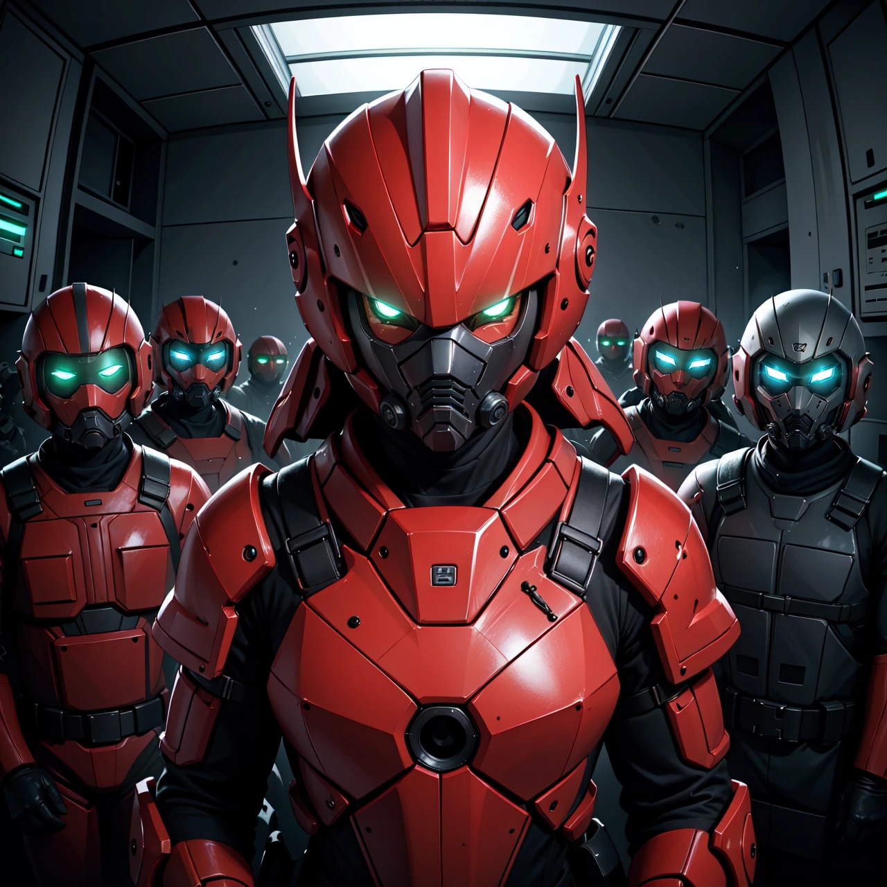 (masterpiece, best quality, beautiful and aesthetic:1.1),1girl in front of in red power armor:1.1),[sci fi helmet on head with glowing green eyes],mask,two head in helmet on each side,looking at viewer,military squad,(pretty joyous face),(the most beautiful face in the world:0.8),(beautiful detailed symmetrical eyes:0.8),pink hair,(future:1.02),(fisheye),pathos scene,absurdres,HDR,colorful,<lora:nukeops14ssv0.99.64tx2.2:0.36>