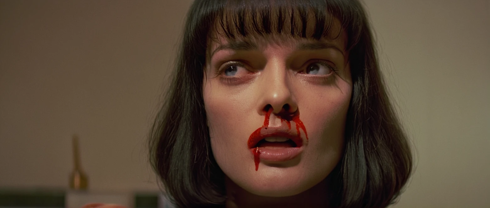 cinematic film still of  <lora:Pulp Fiction style:1>
Mia Wallace a woman with a bloody face and a blood in her mouth staring up at something,closeup,overdosed,pageboy haircut,1girl,solo,looking at viewer,open mouth,bangs,brown hair,teeth,blunt bangs,lips,grey eyes,blood,portrait,close-up,realistic,nose,nosebleed , 1990's, 90's, film, cinematic, crime and violence, classic, graphic violence, Kodak film, motion picture image,Pulp Fiction style, Pulp Fiction Film style, shallow depth of field, vignette, highly detailed, high budget, bokeh, cinemascope, moody, epic, gorgeous, film grain, grainy