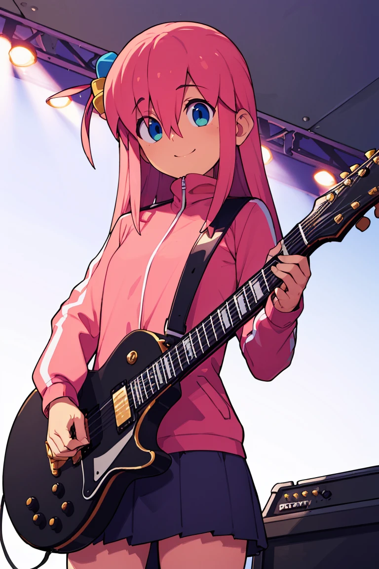 <lora:Sweet_CAT:0.8>,((masterpiece,best quality)), gotou1, gotou hitori, solo, smile, skirt, pink jacket, track jacket, bangs, hair between eyes, long sleeves, <lora:gotou_hitori_v1:0.7>, stage, holding instrument, guitar,