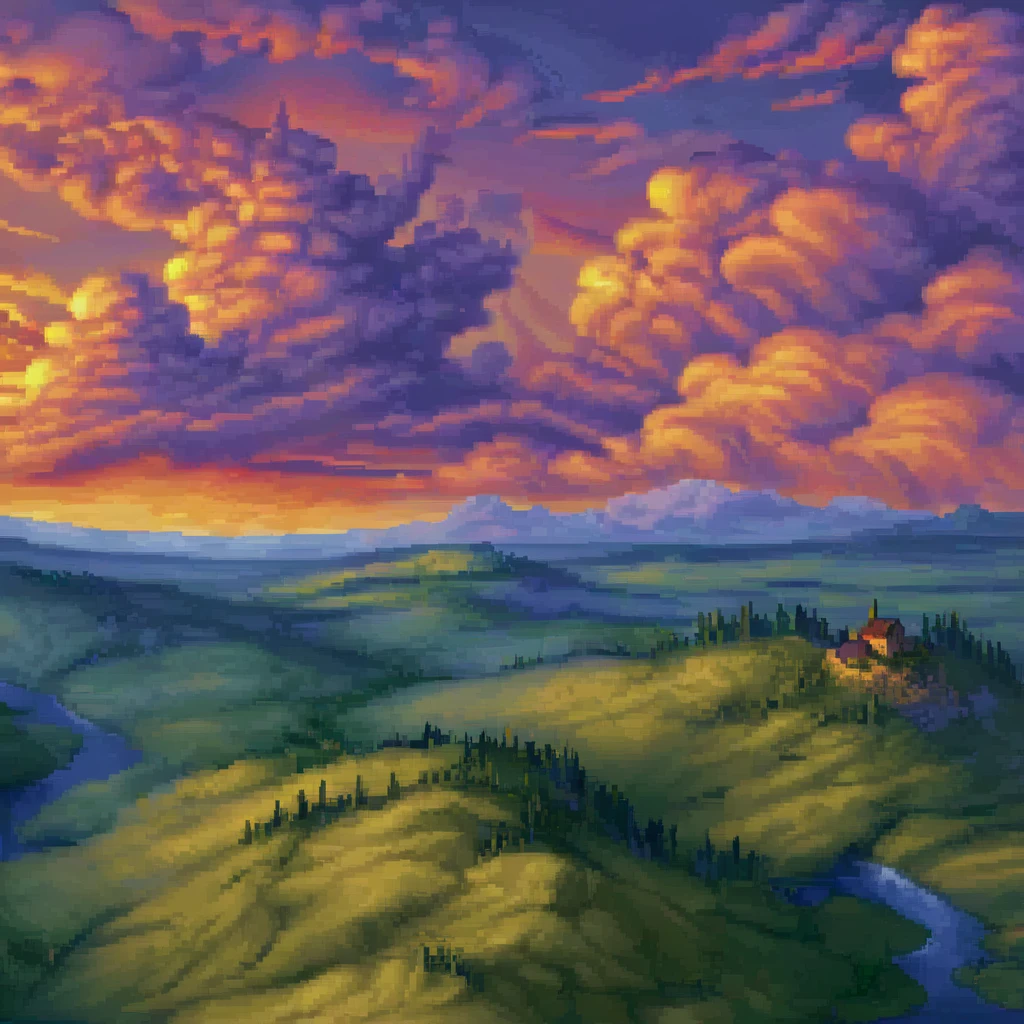 dosvga style, beautiful landscape, sunset, clouds,<lora:dosvgaSDXLv4.1-000015:1>