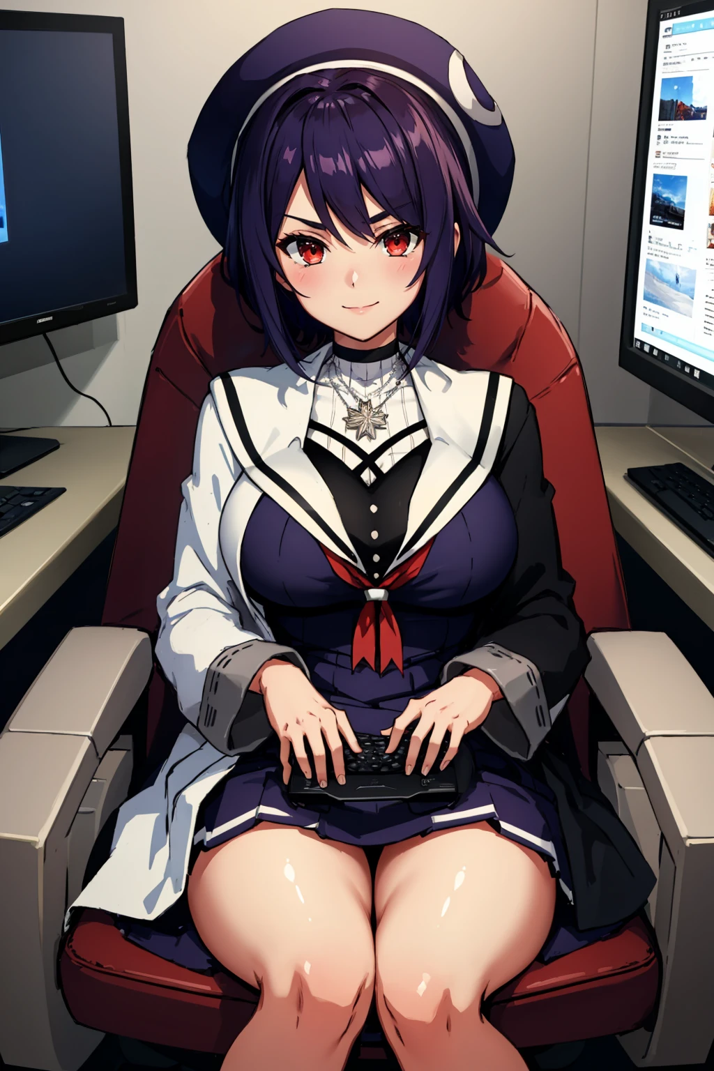masterpiece, best quality, <lora:otodamatamako-nvwls-v1-000010:0.9> otodama tamako, black beret, necklace, sailor collar, white and black coat, purple dress, large breasts, sitting, gaming chair, determined, computer, furrowed brow, smile