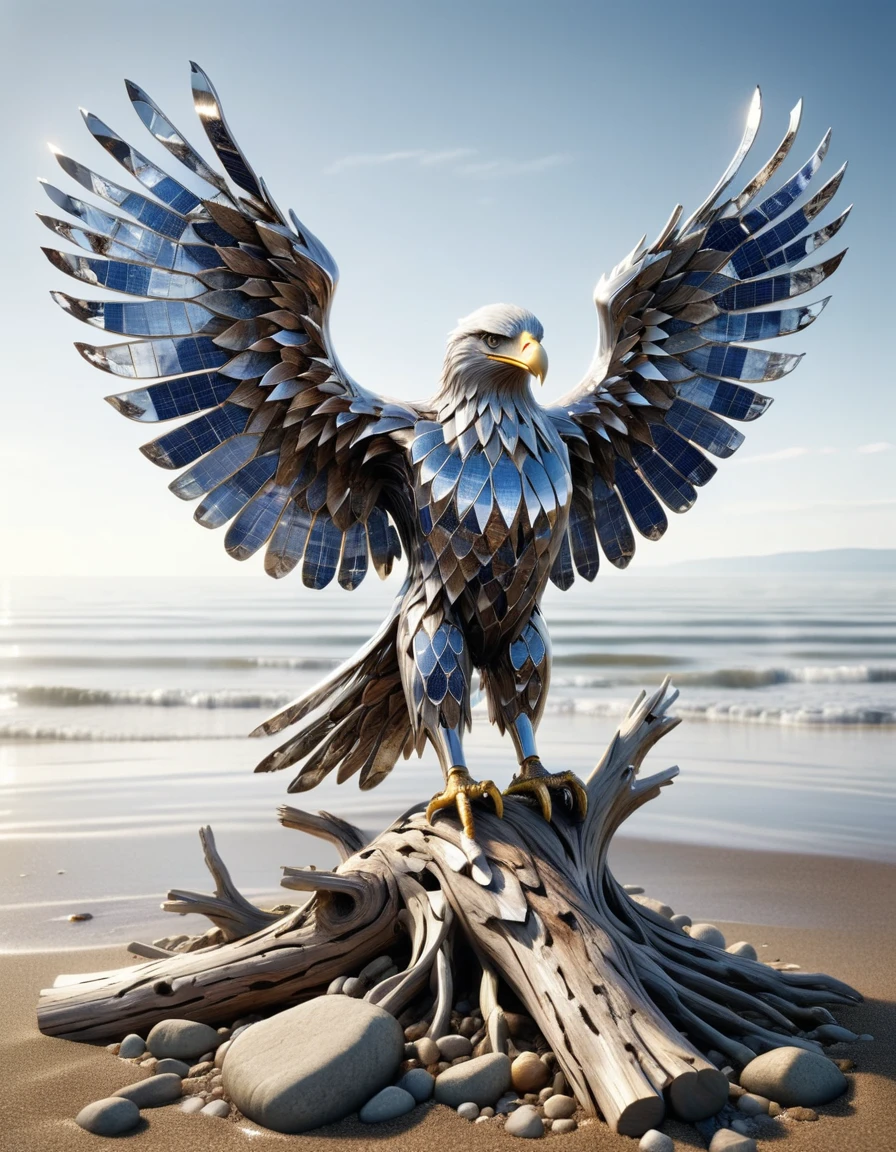 (drift wood washes up on the shore, all the tiny parts of drift wood form together to create a perfect shape of an eagle lying on the shore), abstract, 3d render, strong, insanely intricate details, (masterpiece), breathtaking natures art work, made out of ral-phtvoltc <lora:ral-phtvoltc-sdxl:1>