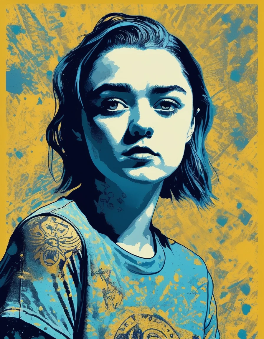 <lora:Maisie Williams:1.0>, mswllmsarst woman ,an illustration of a girl with tattoos on a grunge background, in the style of bo chen, bold graphic comic book art, blue and gold, raymond leech, 32k uhd, ai weiwei, bold posters