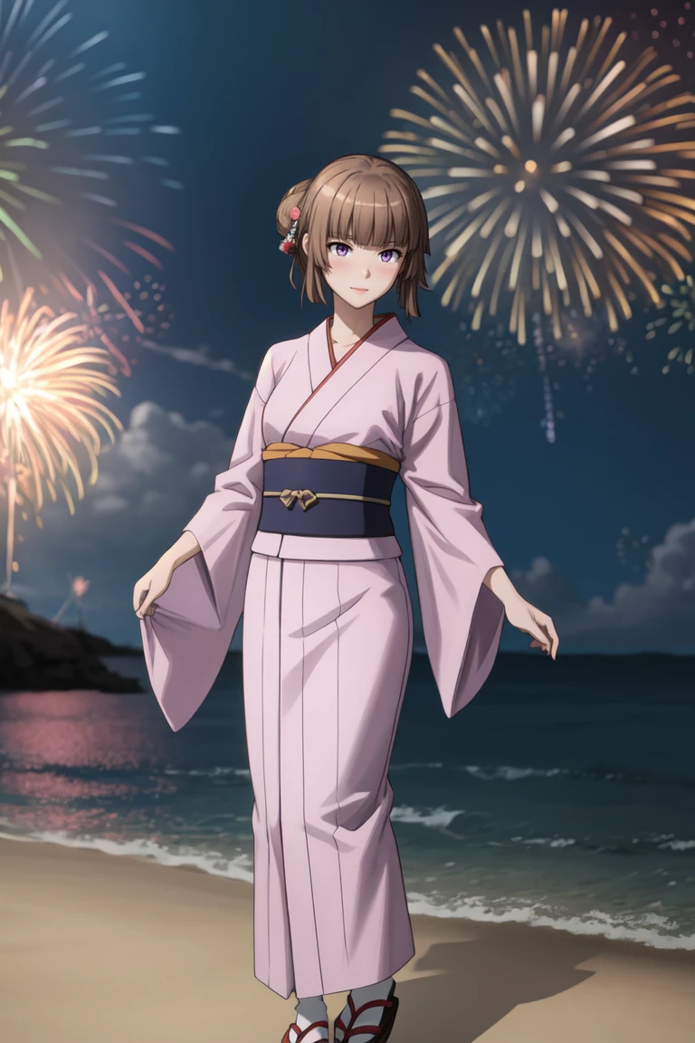 masterpiece, best quality, absurdres, 1girl, Aika <lora:FuwaAika-07:0.7>, (brown hair, purple eyes), blunt bangs, hime cut, hair up, hair bun,
yukata, kimono,
BREAK light smile, nice hands, perfect hands <lora:GoodHands-beta2:0.8>, beaufitul hand, beautiful finger, (firework background, fireworks:1.2),  Beaches, (perfect anatomy),  [Cinematic lighting|Volumetric Lighting], portrait, full body,  <lora:add_detail:0.4>