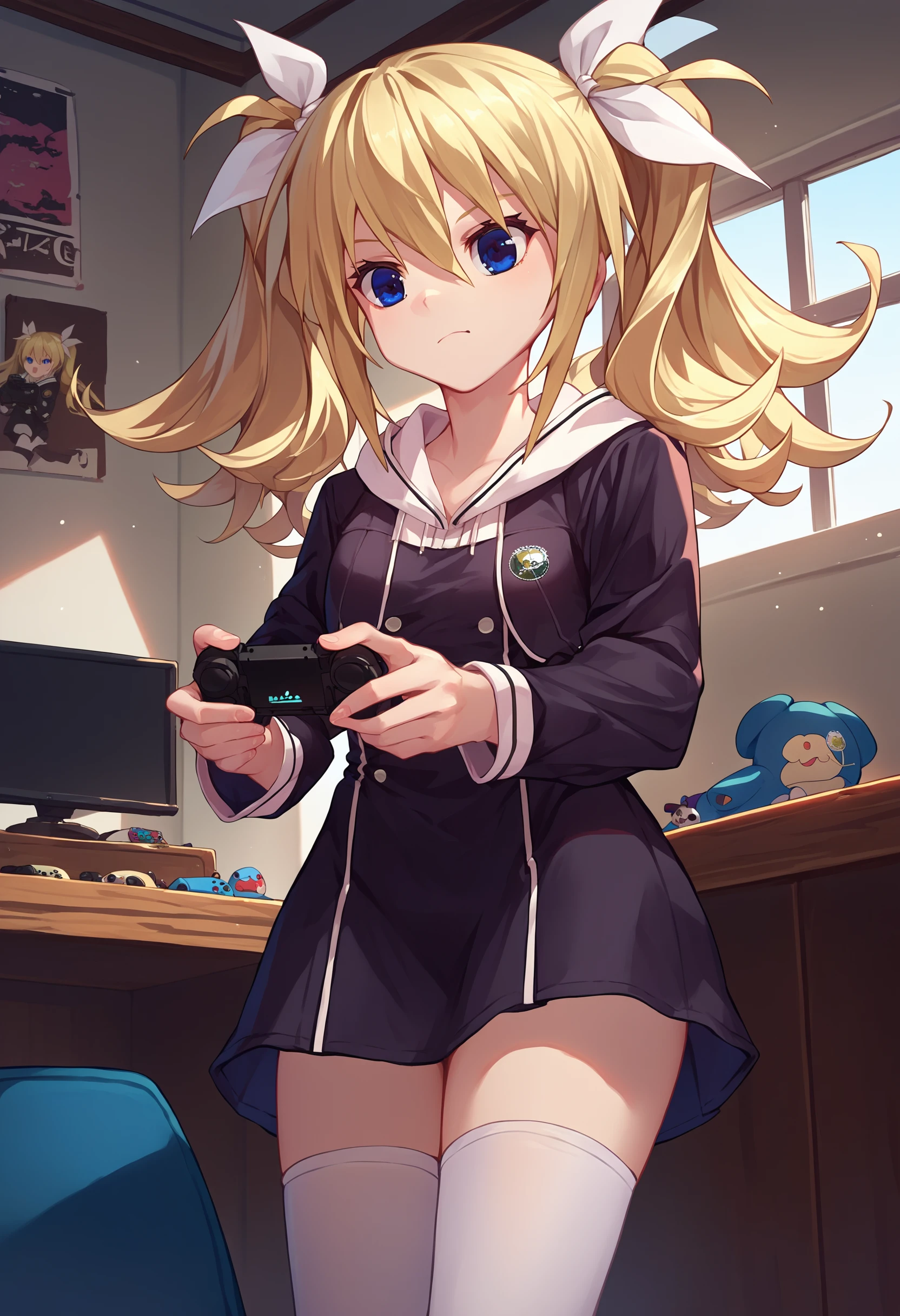 score_9, score_8_up, score_7_up, source_anime, 1girl, <lora:ArimuraCAME-000008:1>, HinaSchool, blue eyes, blonde hair, twintails, white hair ribbon, black short dress, patch, white thighhighs, indoors, playing games,