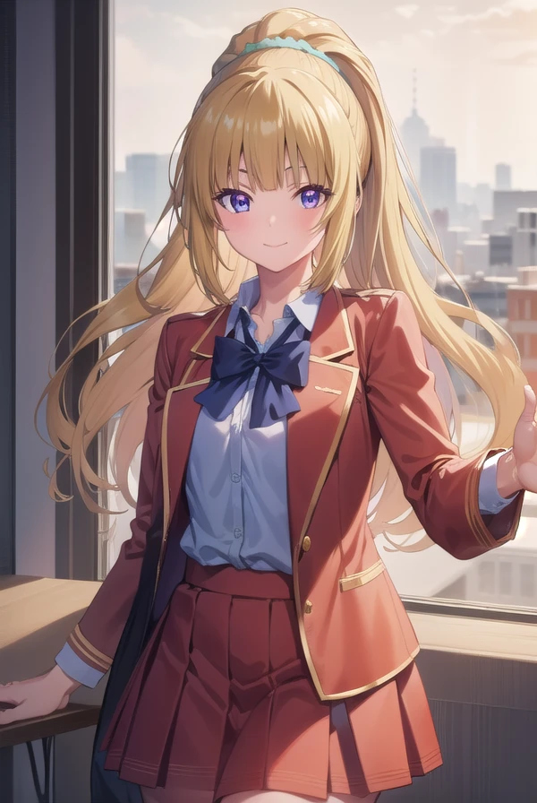 keikaruizawa, <lora:kei karuizawa s2s3-pruned-lora-nochekaiser:1>,
kei karuizawa, long hair, bangs, blunt bangs, (purple eyes:1.1), blonde hair, shirt, hair ornament, ponytail, scrunchie, blue scrunchie, smile,
BREAK skirt, shirt, bow, school uniform, jacket, (red jacket:1.2), pleated skirt, bowtie, sweater, (blue bow:1.2), (blue shirt:1.2),
BREAK indoors, classroom,
BREAK looking at viewer, (cowboy shot:1.5),
BREAK <lyco:GoodHands-beta2:1>, (masterpiece:1.2), best quality, high resolution, unity 8k wallpaper, (illustration:0.8), (beautiful detailed eyes:1.6), extremely detailed face, perfect lighting, extremely detailed CG, (perfect hands, perfect anatomy),