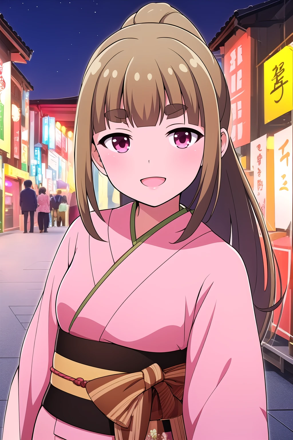 (masterpiece, best quality), highly detailed background, perfect lightingbest quality, fujimiyasakura, solo, outdoors, night, summer festival, light brown hair, ponytail, blunt bangs, long hair, sidelocks, thick eyebrows, pink eyes, small breasts, pink kimono, japanese clothes, smile, open mouth, :d, pink lips, <lora:Fujimiya-Sakura:0.7>