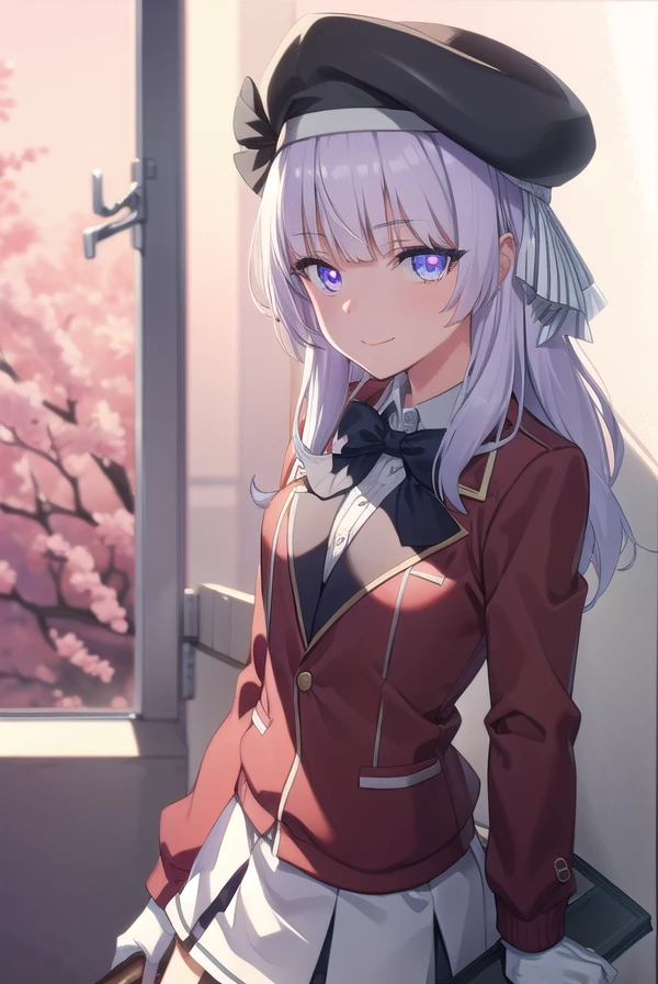 arisusakayanagi, <lora:arisu sakayanagi s3-lora-nochekaiser:1>,
arisu sakayanagi, long hair, bangs, (purple eyes:1.1), white hair, blunt bangs, smile,
BREAK skirt, shirt, gloves, long sleeves, hat, bow, school uniform, jacket, white shirt, pleated skirt, collared shirt, miniskirt, bowtie, black headwear, black bow, beret, blazer, (white skirt:1.5), (red jacket:1.5), grey skirt, black bowtie,
BREAK indoors, classroom,
BREAK looking at viewer, (cowboy shot:1.5),
BREAK <lyco:GoodHands-beta2:1>, (masterpiece:1.2), best quality, high resolution, unity 8k wallpaper, (illustration:0.8), (beautiful detailed eyes:1.6), extremely detailed face, perfect lighting, extremely detailed CG, (perfect hands, perfect anatomy),