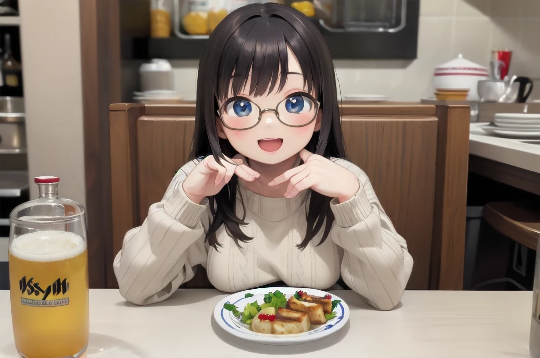 masterpiece, best quality,
1girl, solo, glasses, black hair, long hair, white ribbed sweater, happy, smile, looking at viewer, open mouth, solo focus, sitting, across table, 
gyouza, plate, food focus, still life, food, realistic, bottle, table, alcohol
 <lora:gyouza_SD15_V1:0.8>