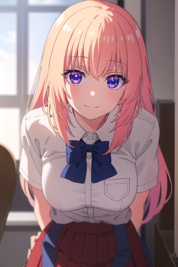 honamiichinose, <lora:honami ichinose s2s3-lora-nochekaiser:1>,
honami ichinose, long hair, blonde hair, (purple eyes:1.1), hair between eyes, smile,
BREAK skirt, bow, school uniform, pleated skirt, bowtie, blue bow, (red skirt:1.2), collared shirt, white shirt, short sleeves,
BREAK indoors, classroom,
BREAK looking at viewer, (cowboy shot:1.5),
BREAK <lyco:GoodHands-beta2:1>, (masterpiece:1.2), best quality, high resolution, unity 8k wallpaper, (illustration:0.8), (beautiful detailed eyes:1.6), extremely detailed face, perfect lighting, extremely detailed CG, (perfect hands, perfect anatomy),