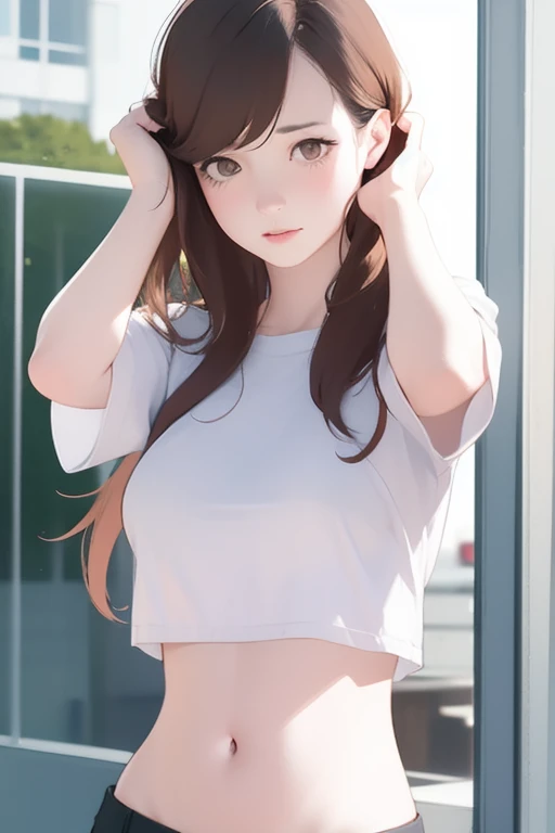 1girl, solo, long hair, breasts, brown hair, navel, medium breasts, short sleeves, realistic, head out of frame, holding hair, text and url,<lora:lbc_see_T_Sailor suit_v1.0:1>,