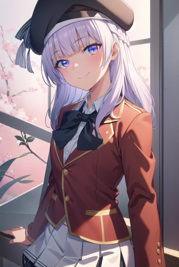 arisusakayanagi, <lora:arisu sakayanagi s3-lora-nochekaiser:1>,
arisu sakayanagi, long hair, bangs, (purple eyes:1.1), white hair, blunt bangs, smile,
BREAK skirt, shirt, gloves, long sleeves, hat, bow, school uniform, jacket, white shirt, pleated skirt, collared shirt, miniskirt, bowtie, black headwear, black bow, beret, blazer, (white skirt:1.5), (red jacket:1.5), grey skirt, black bowtie,
BREAK indoors, classroom,
BREAK looking at viewer, (cowboy shot:1.5),
BREAK <lyco:GoodHands-beta2:1>, (masterpiece:1.2), best quality, high resolution, unity 8k wallpaper, (illustration:0.8), (beautiful detailed eyes:1.6), extremely detailed face, perfect lighting, extremely detailed CG, (perfect hands, perfect anatomy),