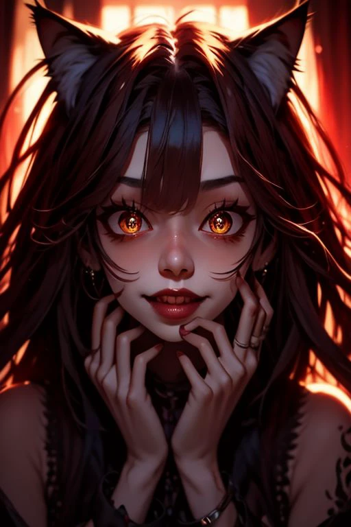 psychedelic style abstract beauty,emo girl and a black cat,nose piercing,red and black strands, centered, looking at the camera, approaching perfection, twilight,asian,brown eyes ,highly detailed, majestic, digital photography, 8k portrait